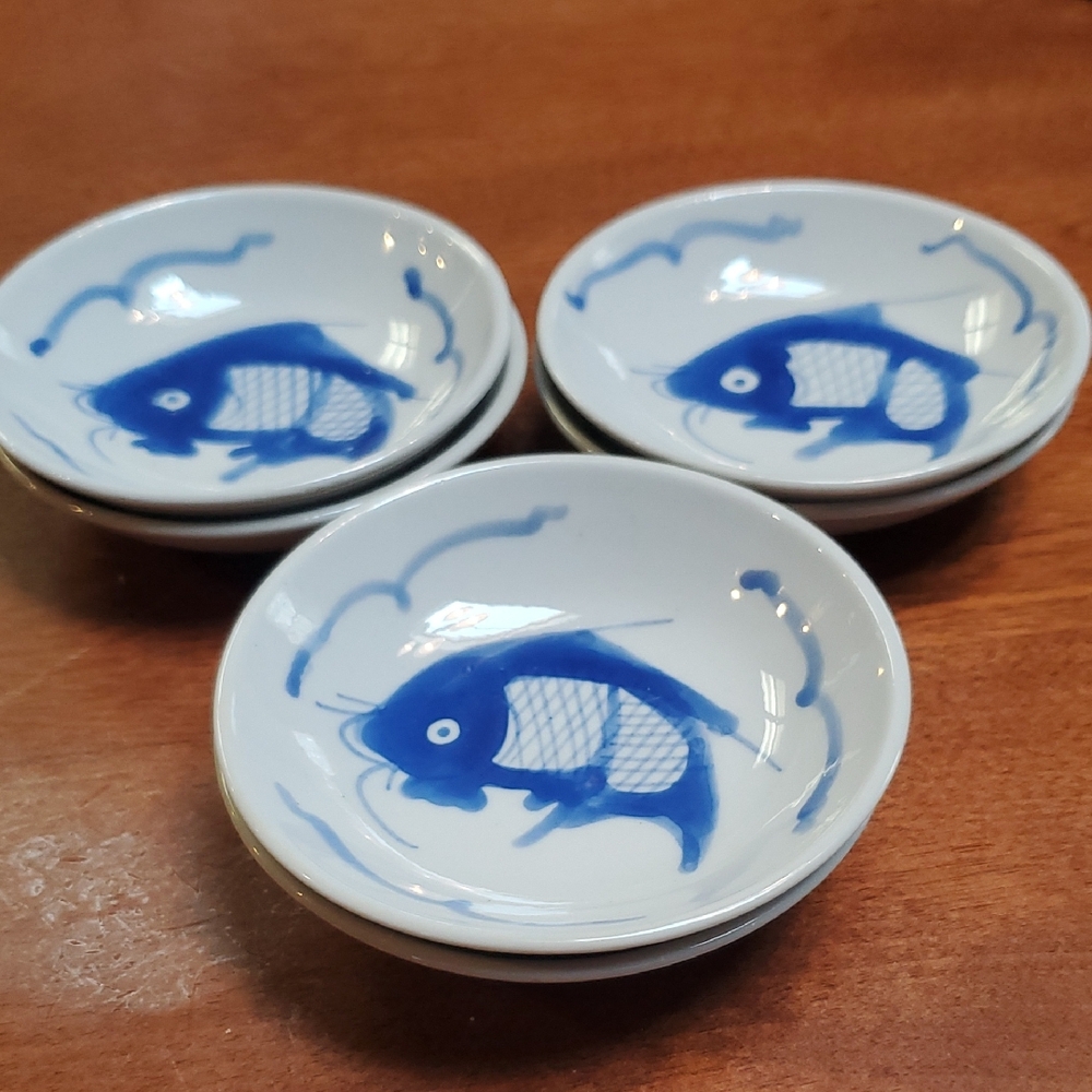 Set of Blue and White Fish Design Bowls